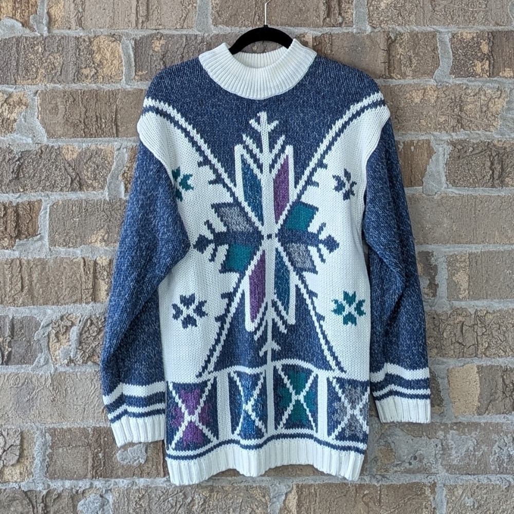 VTG 80s Gina Peters Mock Neck Snowflake Tunic Sweater White Blue Size Small